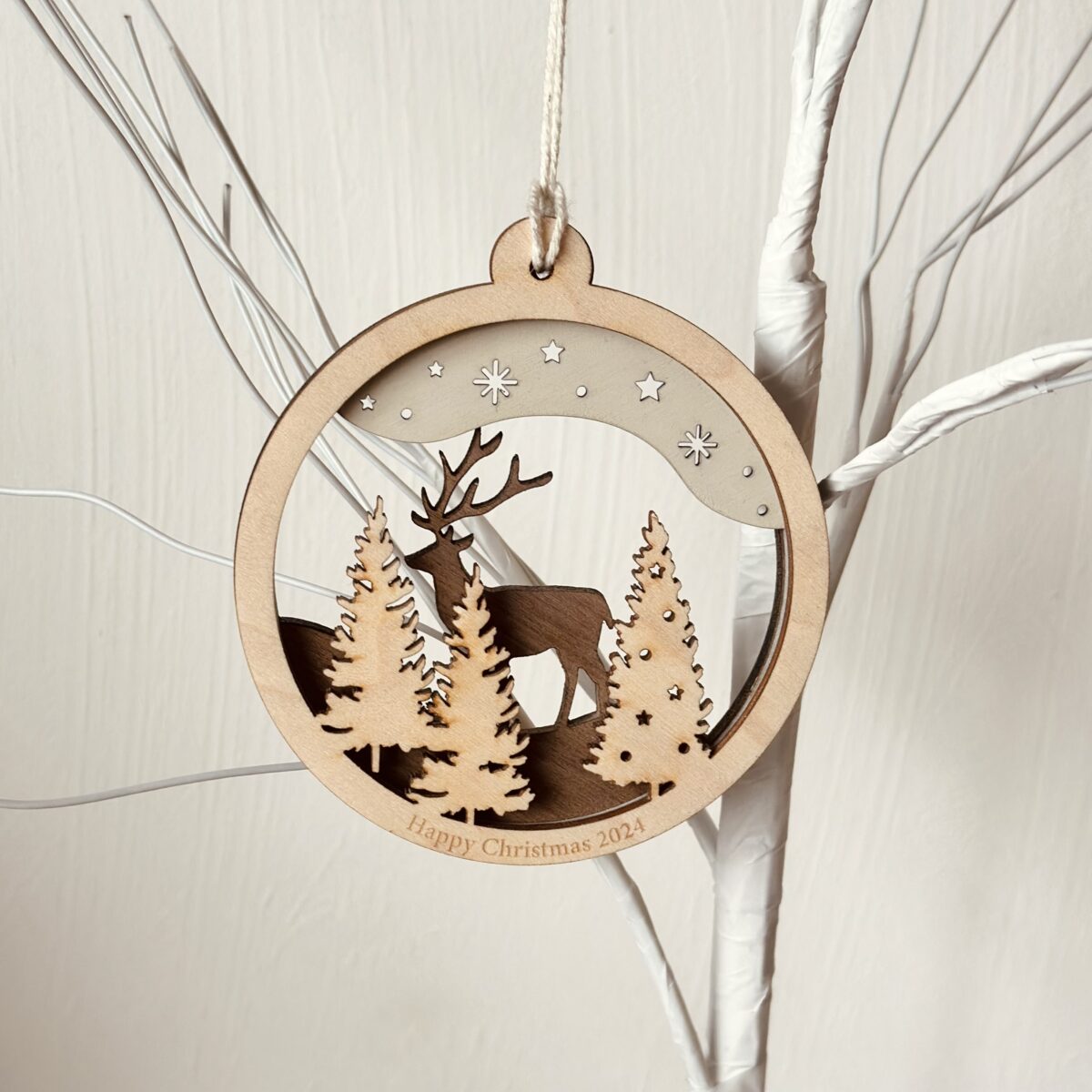 Personalised Wooden Christmas Bauble – Reindeer Ornament – Unique Rustic Christmas Decoration