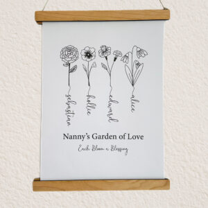 Personalised Birth Flower Wall Art featuring hand-drawn floral illustrations with grandchildren’s names, custom sentimental gift for Nanny, Granny, or Grandad, UK handmade family keepsake.