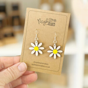 Hand-painted wooden daisy earrings with cerise pink petals and white centre