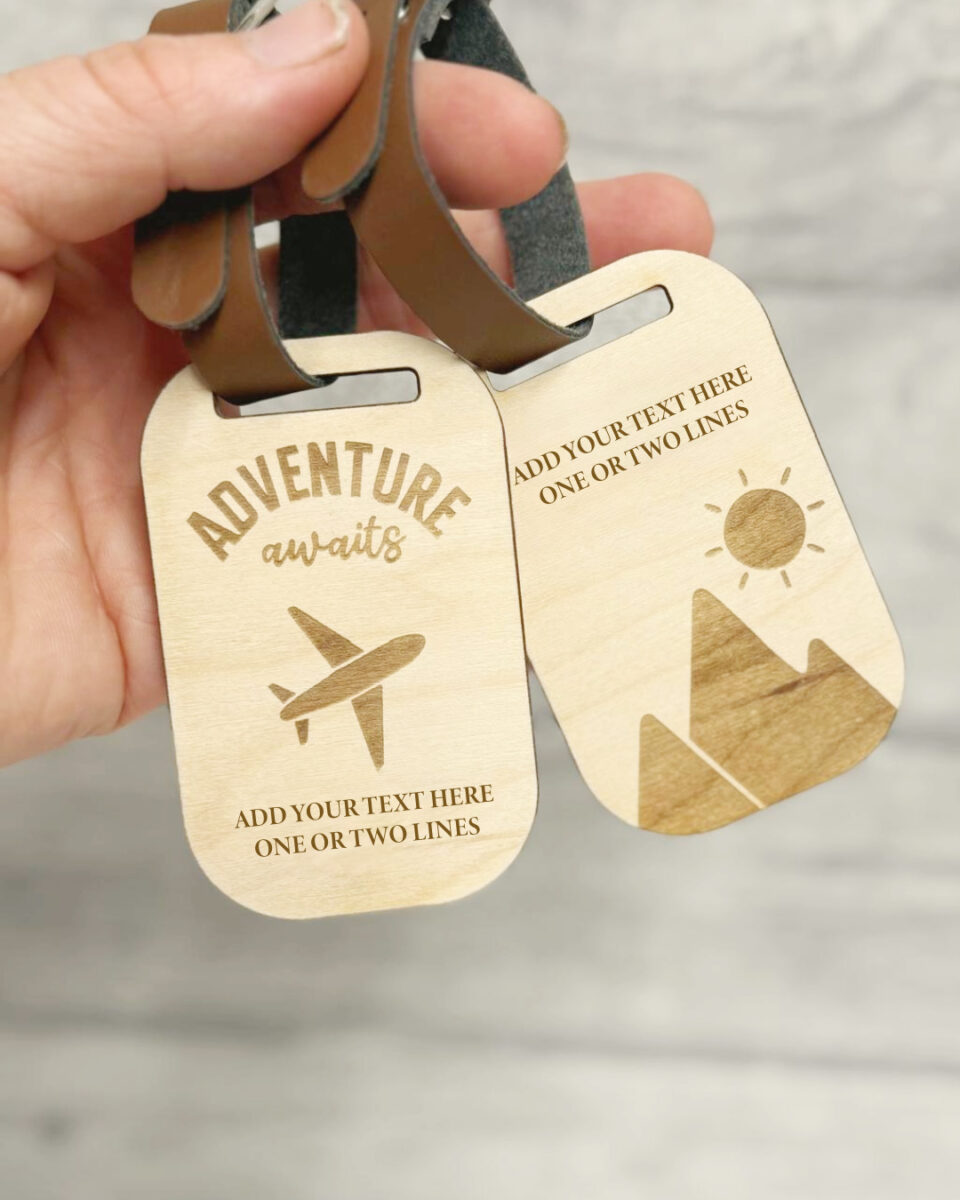Custom wooden travel tag with Adventure awaits engraving and faux leather strap