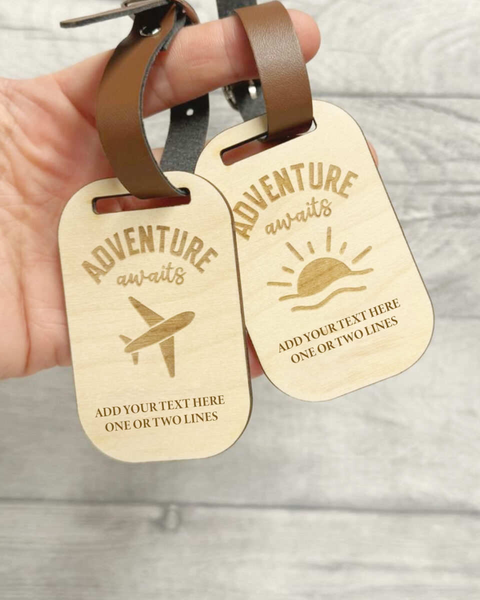 Custom wooden travel tag with Adventure awaits engraving and faux leather strap