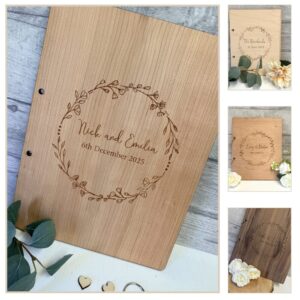 Personalised wooden wedding keepsake book with wreath engraving in walnut wood