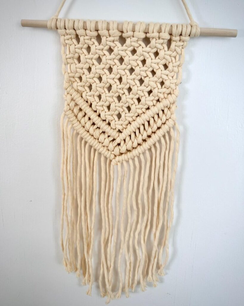 Macramé wall hanging workshop in Bristol at Lounge, featuring a handmade macramé wall hanging created in a beginner-friendly craft class.