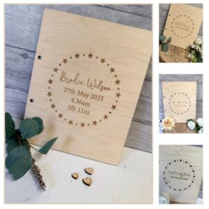 Personalised wooden keepsake book with elegant engraved star circle design in natural walnut wood