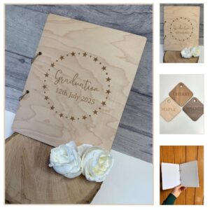 Personalised wooden graduation keepsake book with engraved star circle design