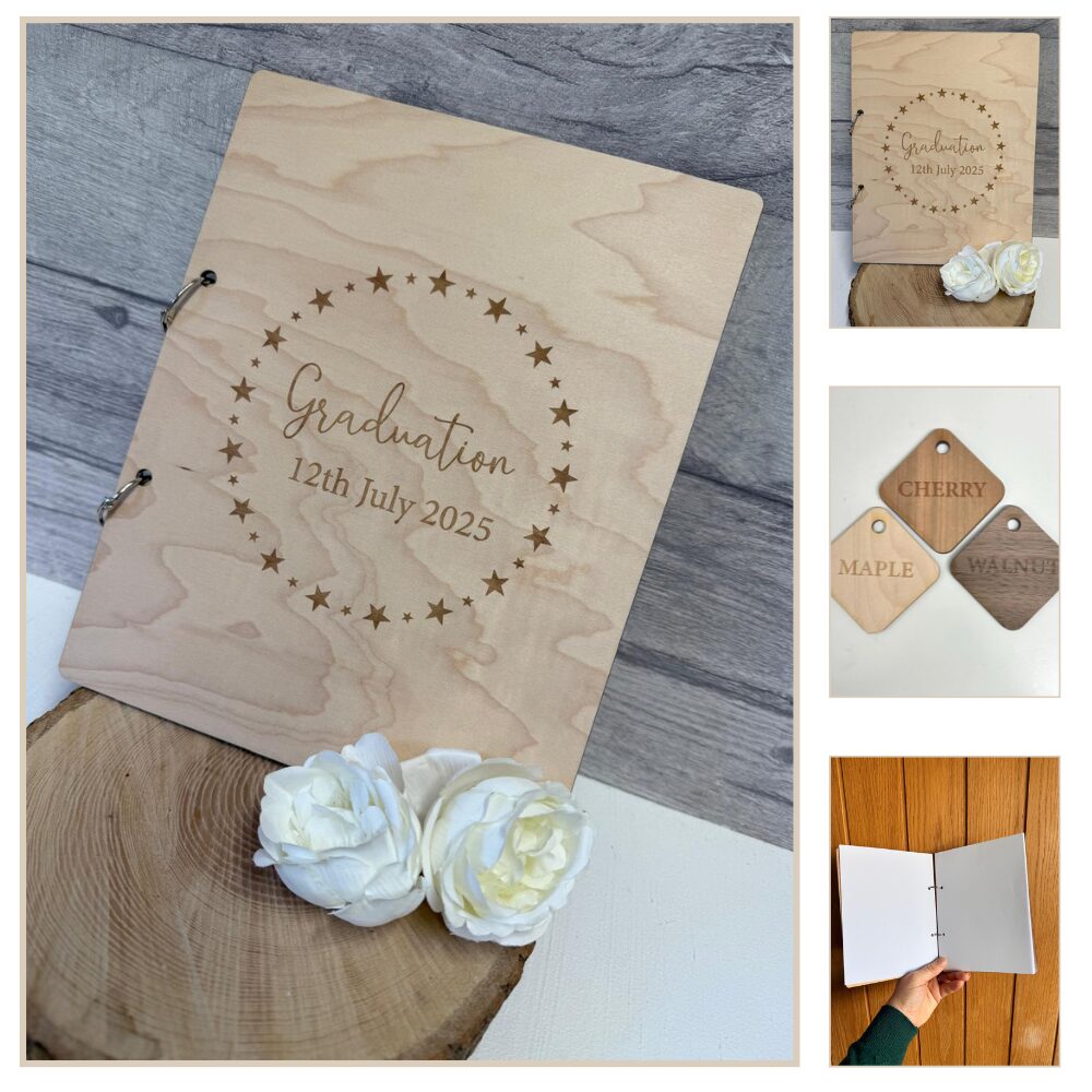Personalised wooden graduation keepsake book with engraved star circle design