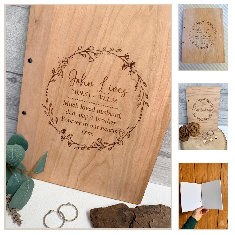 Memorial Wooden Keepsake Book – Personalised Wreath Tribute Memory Book